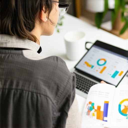 Business owner analyzing local SEO data with charts and laptop in an office