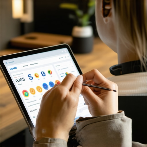 Business owner reviewing Google My Business analytics on a tablet.