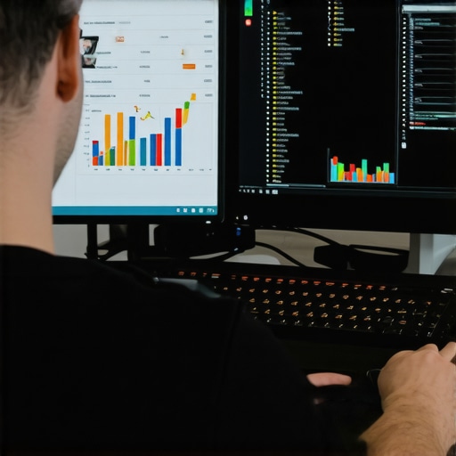 Digital marketing strategist reviewing local SEO analytics on computer screens, focusing on GMB performance.