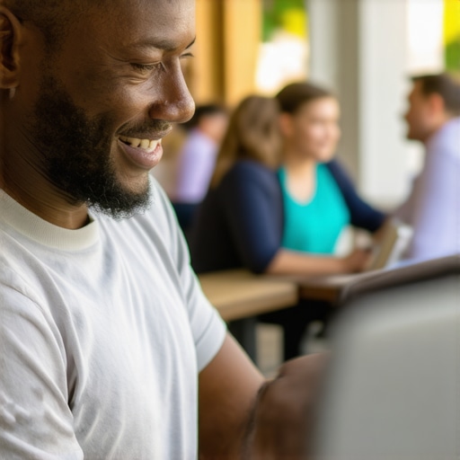 Business owner optimizing GMB profile on laptop with community backdrop