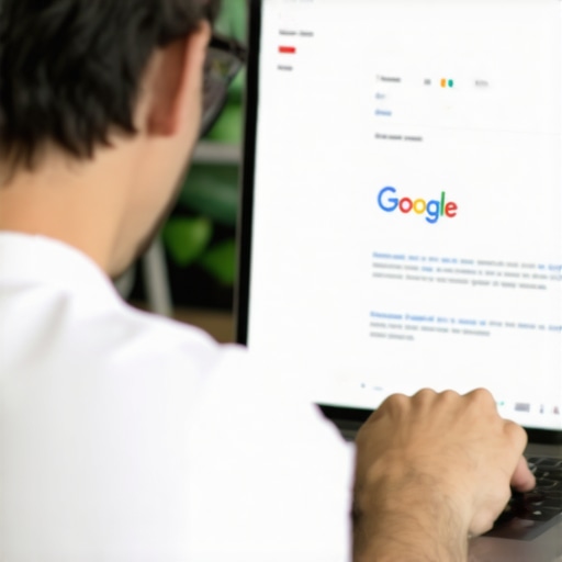 Business owner optimizing Google My Business profile on a laptop for local SEO.