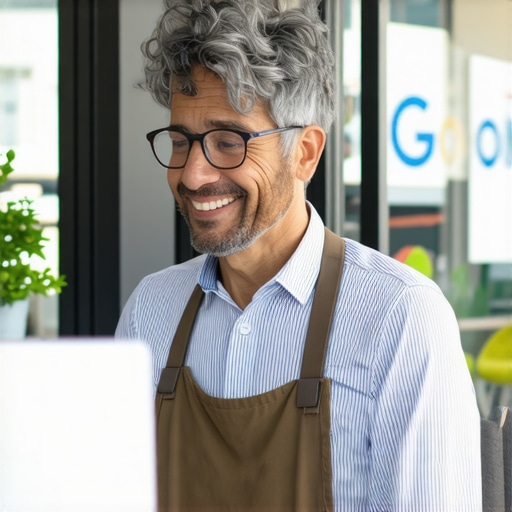 Business owner responding to customer questions on Google My Business with storefront in background.