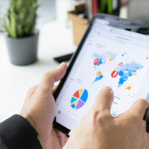 Advanced Local SEO Data Analysis Person analyzing local SEO data on a tablet with charts and maps in a professional workspace.