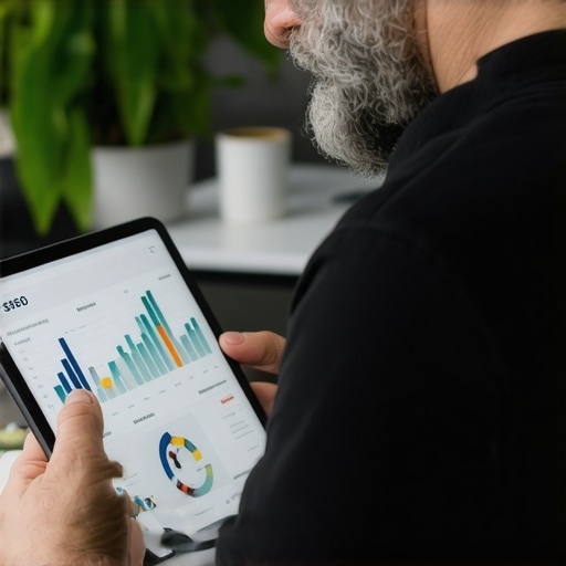 Business owner reviewing local SEO analytics on a tablet in an office