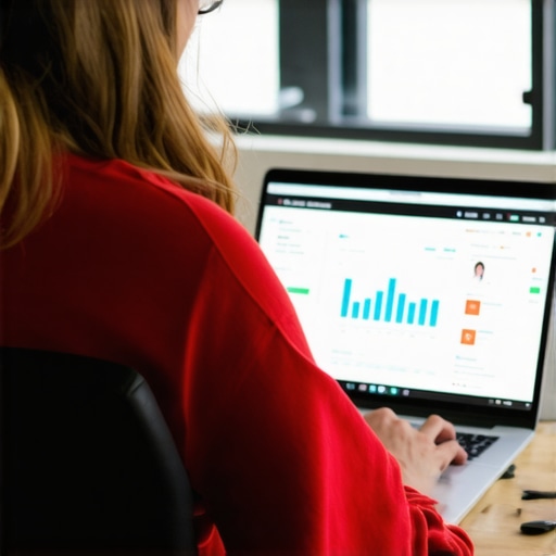 Business owner optimizing GMB profile with dashboard analytics on laptop