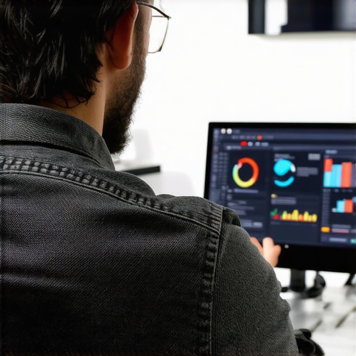 Business owner optimizing Google My Business profile with analytics and booking tools, modern workspace