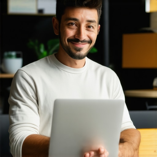 Optimizing Your GMB Profile for Local Dominance Business owner updating Google My Business profile on laptop, storefront visible behind, emphasizing local SEO strategies