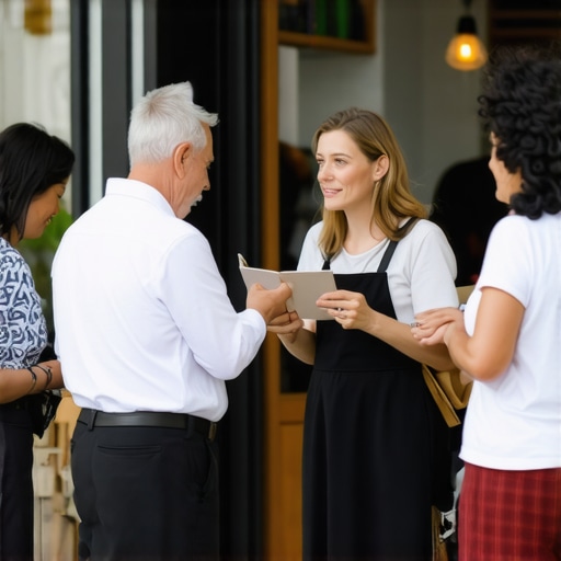 Business owner interacting with customers outside their shop, showcasing genuine community involvement.