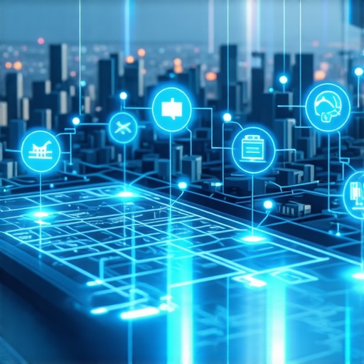 Futuristic city with digital map overlays and AI symbols indicating the future of local search