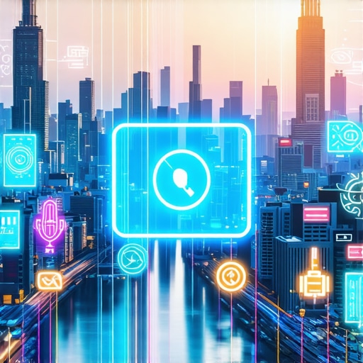 Futuristic cityscape with digital search icons, AI, and voice assistant symbols