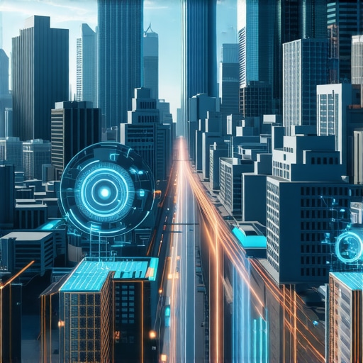 Futuristic cityscape with augmented reality and virtual reality interfaces, symbolizing the future of local SEO.