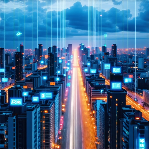Futuristic city with digital interfaces illustrating AI and local search evolution