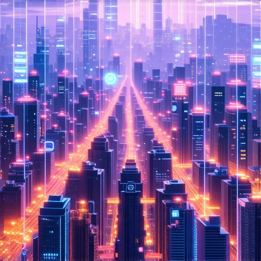 A futuristic city with digital maps and AI technology interfaces