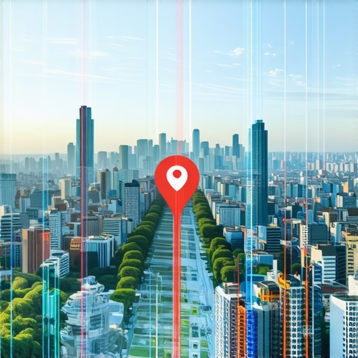 Futuristic city with digital maps and AR overlays highlighting local businesses