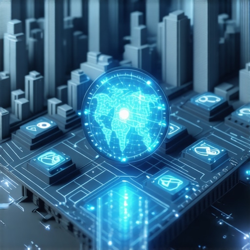 Future of Local Search in 2025 Futuristic city with digital maps and AI devices indicating advanced local search technology