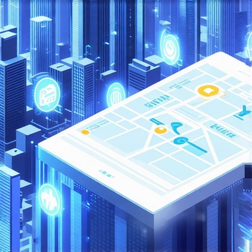 Futuristic cityscape with digital maps, AR interfaces, and AI icons