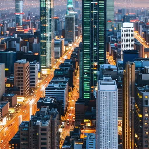 Futuristic cityscape with digital maps and AI overlays, symbolizing technological evolution in local SEO.