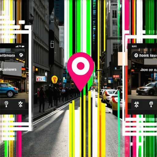 Futuristic cityscape with AR overlays and digital maps depicting local business reviews and directions