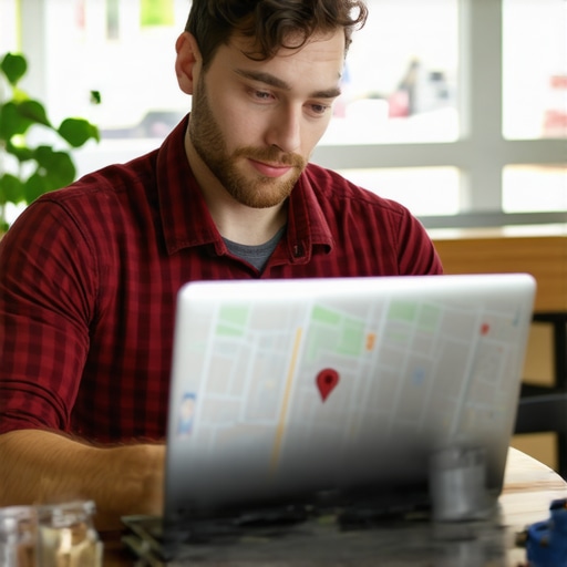 Business owner updating Google My Business profile on laptop with Google Maps