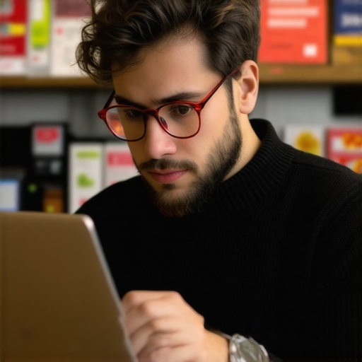 Local Business Owner Reviewing GMB Profile Business owner analyzing online reviews on a laptop in a cozy shop