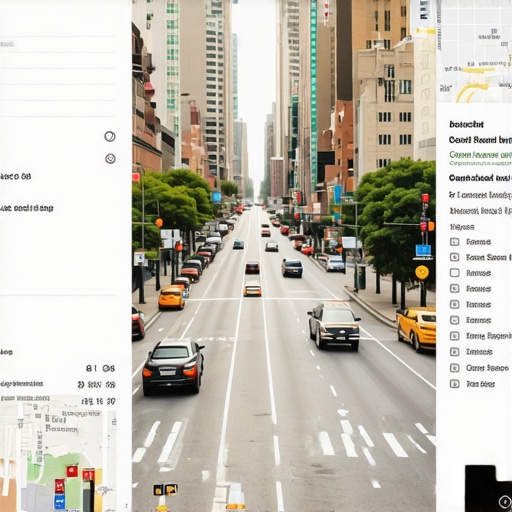 Downtown street with small shops and a digital map overlay showing local search results.